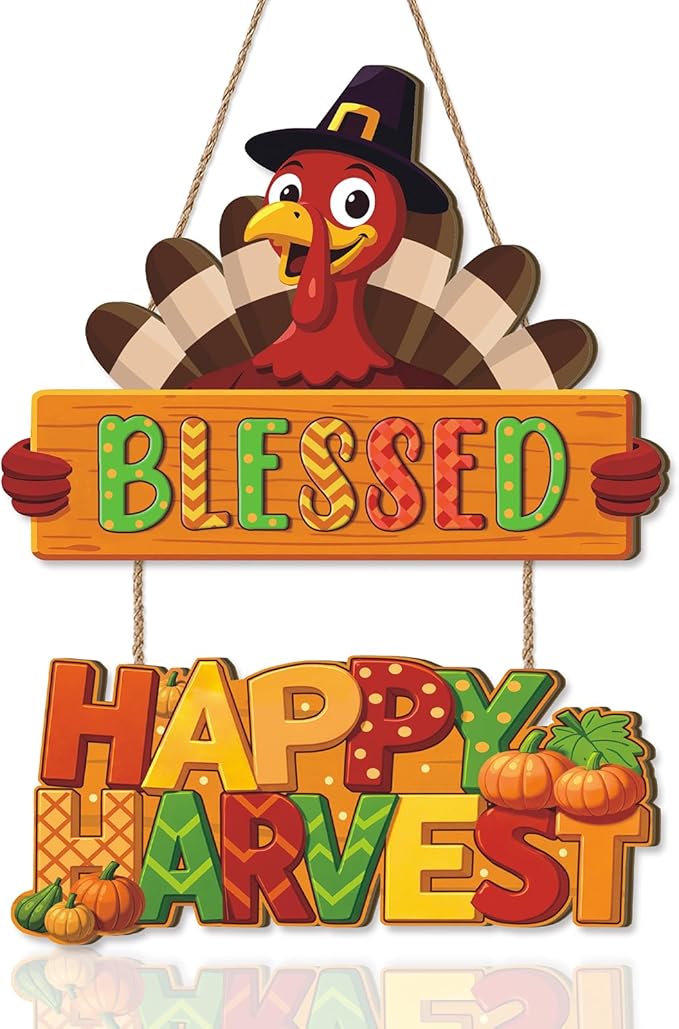 Thanksgiving Turkey Door Hanging,Autumn Turkey Shape Door Decor,Happy Harvest Wooden Sign,Fall Bless Harvest Wall Plaque,Thanksgiving Hanging Sign,Give Thanks Wall Sign for Farmhouse Home Room