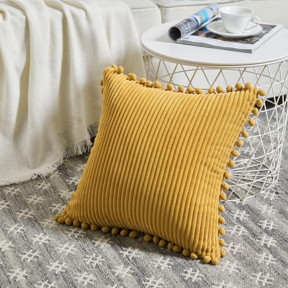 Fancy Homi Set of 2 Mustard Yellow Decorative Throw Pillow Covers 12x12 Inch with Pom-poms for Couch Bed Sofa, Modern Farmhouse Boho Home Decor, Soft Plush Corduroy Cute Cushion Case 30x30 cm