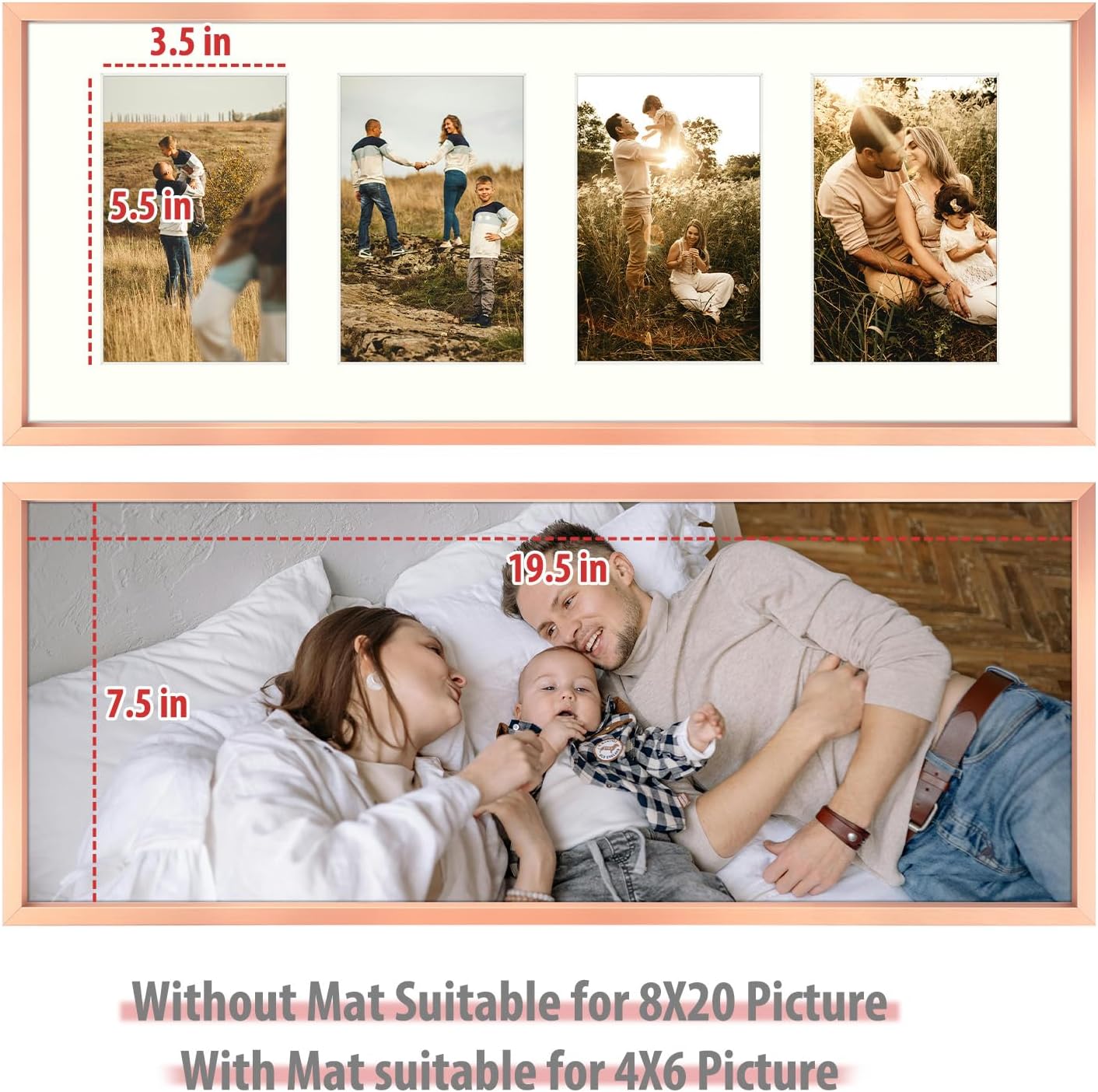 Frametory - 8x20 Aluminum Collage Picture Frame - Display 4x6 Pictures with 4 Openings Mat - Real Glass Front - Horizontal/Vertical Wall Mount - Rose Gold 1 Pack