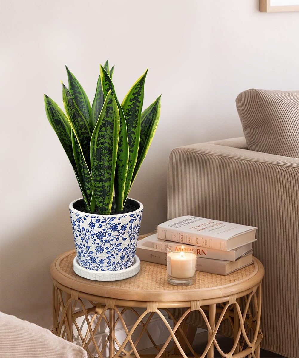 Fake Plants 15.7" Artificial Snake Plant Faux Plants in Blue and White Pot Tropical Sansevieria Silk Plant Fake Potted Plants Indoor for Home Living Room Bathroom Office Housewarming Gift Decor
