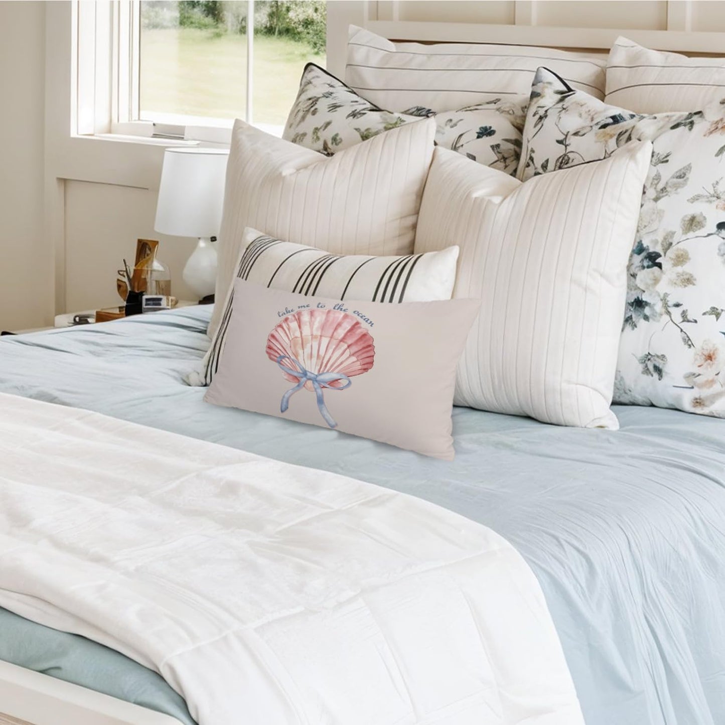Coastal Girly Room Decor Aesthetic 12x20 Pillow Cover, Take Me to The Ocean Coquette Bow Seashell Decorative Lumbar Pillow Covers for Girls Bedroom College Dorm Sofa Couch