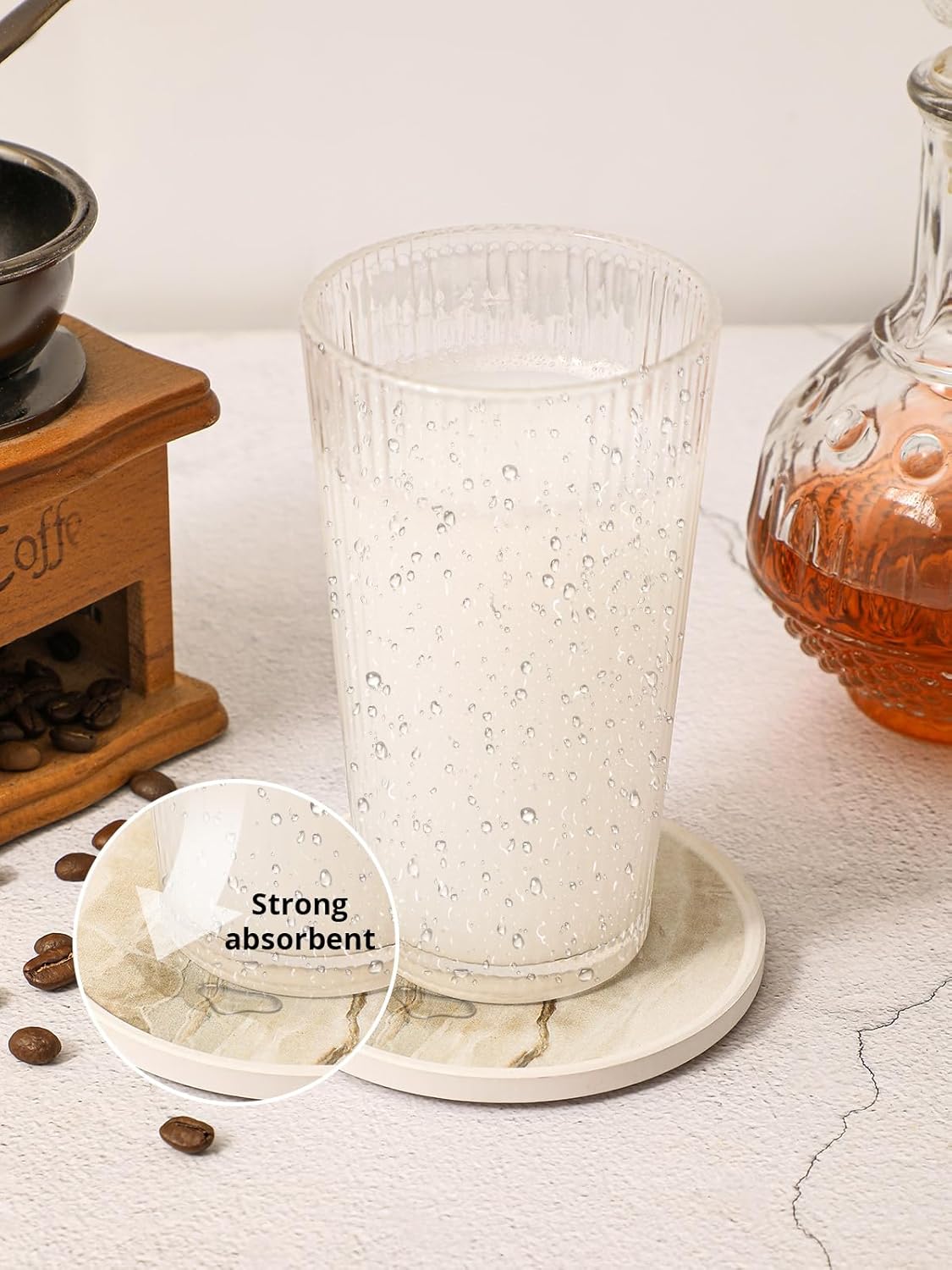 LIFVER Coasters for Coffee Table, Coasters for Drinks Absorbent, Drink Coasters, Housewarming Gift, Home Decor, Set of 6, Farmhouse Coaster Set with Holder, 4 Inches, Sandstone Style