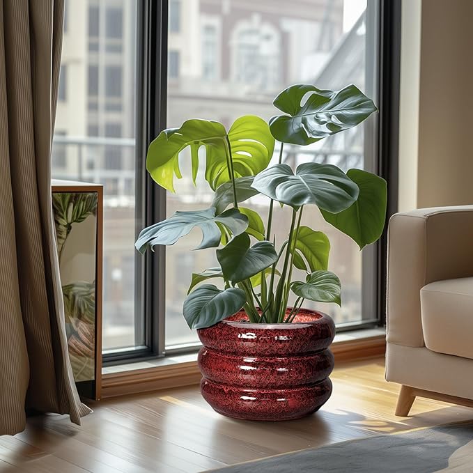 SQOWL 10 Inch Plant Pots - Ceramic Planter for Indoor Plants, Ceramic Plant Pot with Drainage Hole, Bubble Round Flower Pots Outdoor, Home Office Living Room Decor, Gifts for Plant Lover, Red