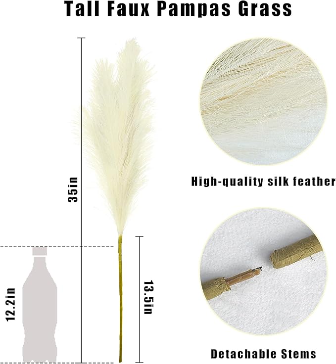 35" Faux Pampas Grass Decor, 8pcs Large Tall Fluffy Artificial Pompous Grass Branches Floral Fake Pompas Grass Bulrush Floor Vase Filler Flower Arrangement for Home Wedding Boho Decor Beige