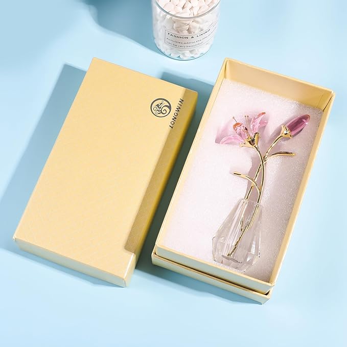 LONGWIN Crystal Artifical Tiger Lily Flowers with Vase - Pink Crystal Collectible Figurines Decorative Blooming Lily Flower for Home and Wedding