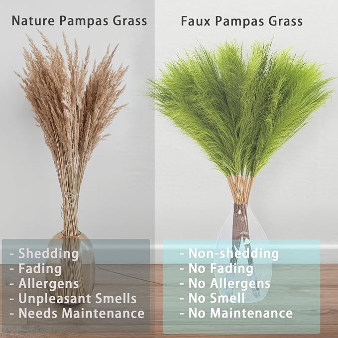 38" 10 Stems Tall Pampas Grass Decor - Faux Pampas Grass for Floor Vase Fluffy Artificial Pampas Grass for Boho Home Wedding Mothers Day Decoration（Green）