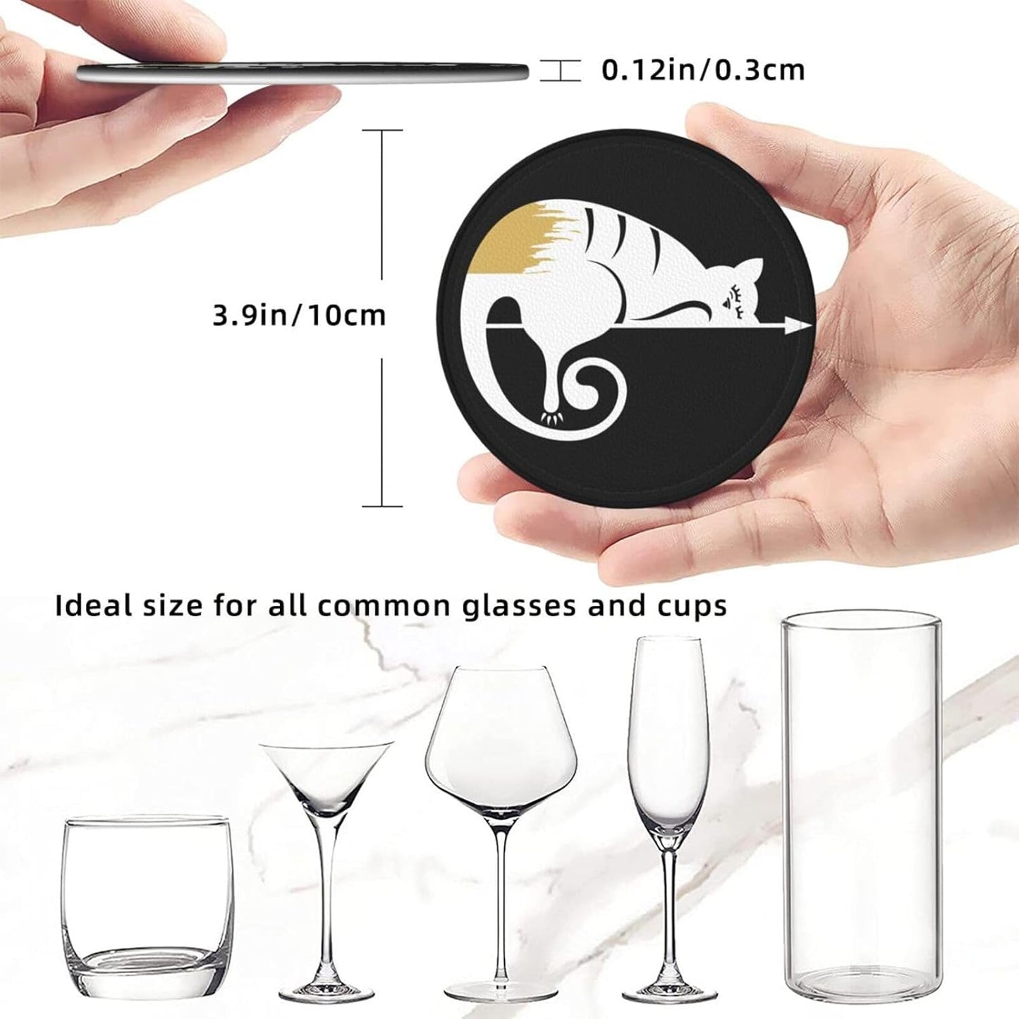 Funny Cat Print Leather Drink Coasters Set of 6 with Holder Round Cup Coaster for Table Decor