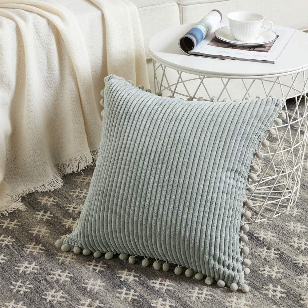 Fancy Homi Pack of 2 Farmhouse Decorative Throw Pillow Covers with Pom-poms, Soft Corduroy Accent Solid Square Cushion Case Set for Couch Sofa Bedroom Car Living Room (16x16 Inch/40x40 cm, Grey)