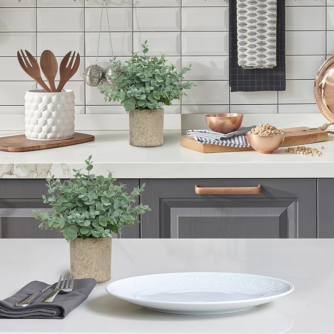 2 Pack Small Fake Plants, Artificial Eucalyptus with Gray Paper Pulp Pots, Small Potted Faux Greenery for Home Decor Indoor, Bathroom, Shelf, Office, Desk, Farmhouse Room Decoration
