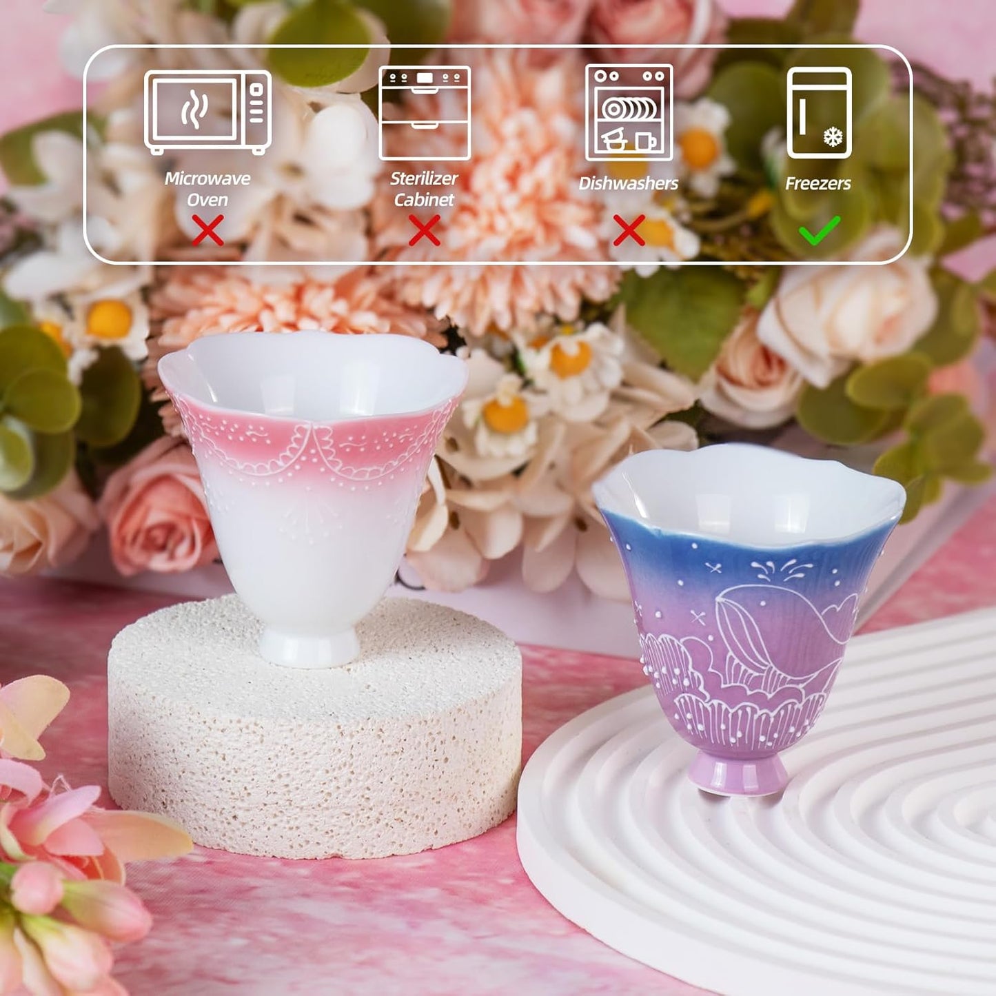 KAMMAK Ceramic Tea Cups Small, Cute Vintage Coffee Cup Set of 2, Porcelain Teacups Espresso Mug, 2oz Hand Painted Chinese Afternoon Tea Party Mugs, Birthday Gift for Women Men, Changqing Lingkou