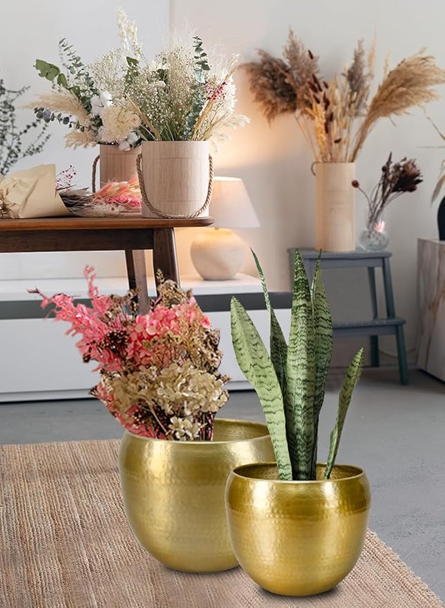 Serene Spaces Living Brass-Look Aluminum Cachepot: Handcrafted in India, Elegant Wedding & Home Decor, Vintage Planter for Indoor Plants, Flowers, Table Centerpieces, and Ornamental Display, KIT of 2