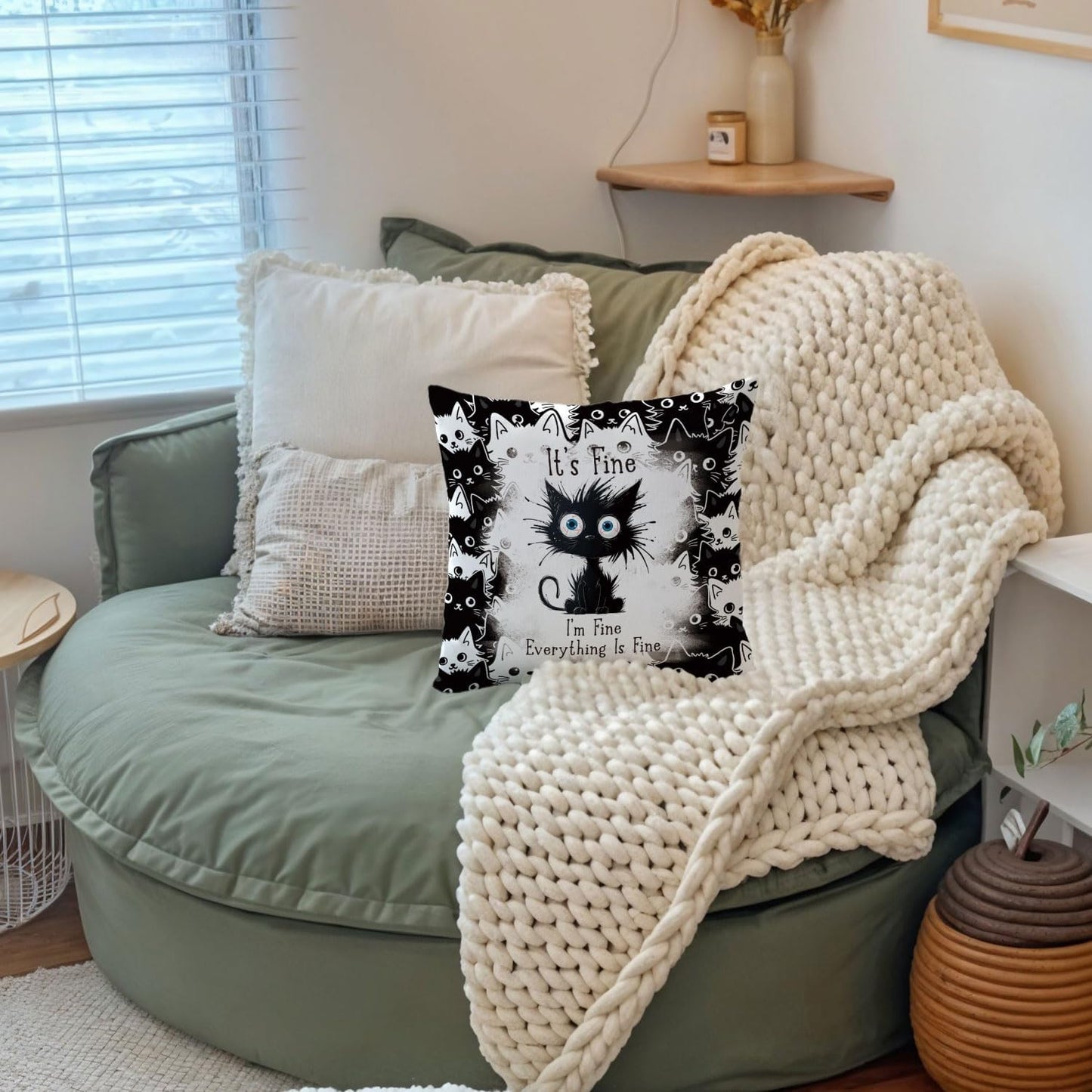 Funny Black Cat Pillow Covers 18x18, Black Cat Decor, It's Fine I'm Fine Everything is Fine Decorative Throw Pillow Covers Pillowcases for Bedroom Living Room Home Decor