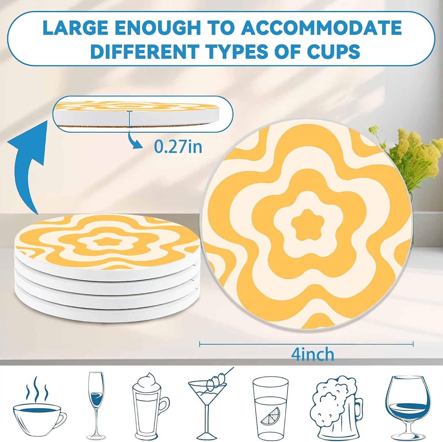 Drinks Coasters Set of 4, Groovy Wave Pattern Round 4" Cup Coasters, Absorbent Ceramic Stone Coasters with Cork Base, Cute Coasters for Table Home Décor, Ideal Gifts for Women Men