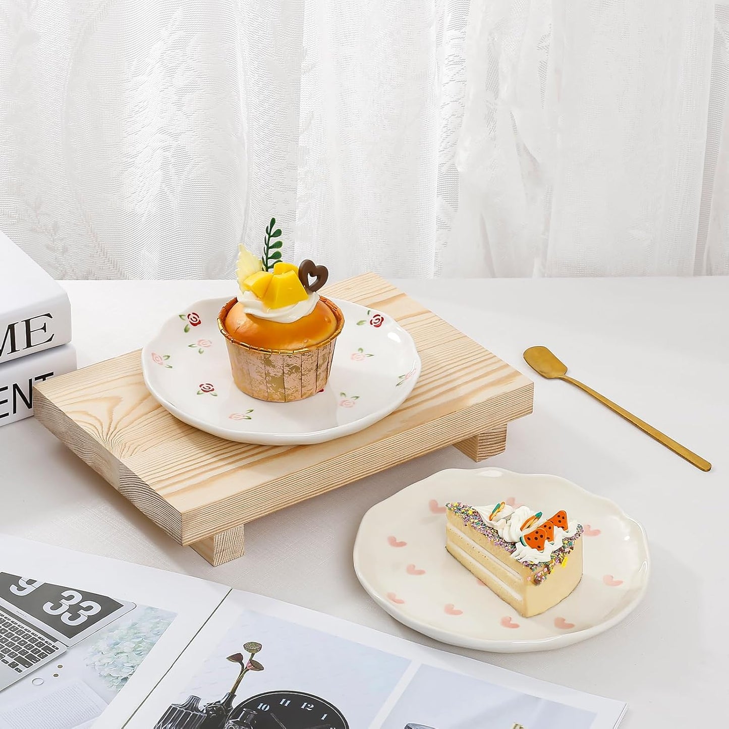 Koythin Ceramic Dessert Plates, Cute Fruits Dinner Plate, Printed Flowers Dinnerware for Office and Home, Kitchen Plates for Desserts (Red Rose Fragmented Flowers)