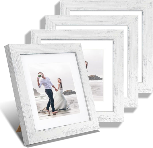 iRahmen 8x8 Picture Frames Set of 4 with Real Glass, Distressed White Frame Display 6x6 Pictures with Mat or 8 x 8 Without Mat, Wood Square Photo Frame for Wall Mount and Tabletop Display