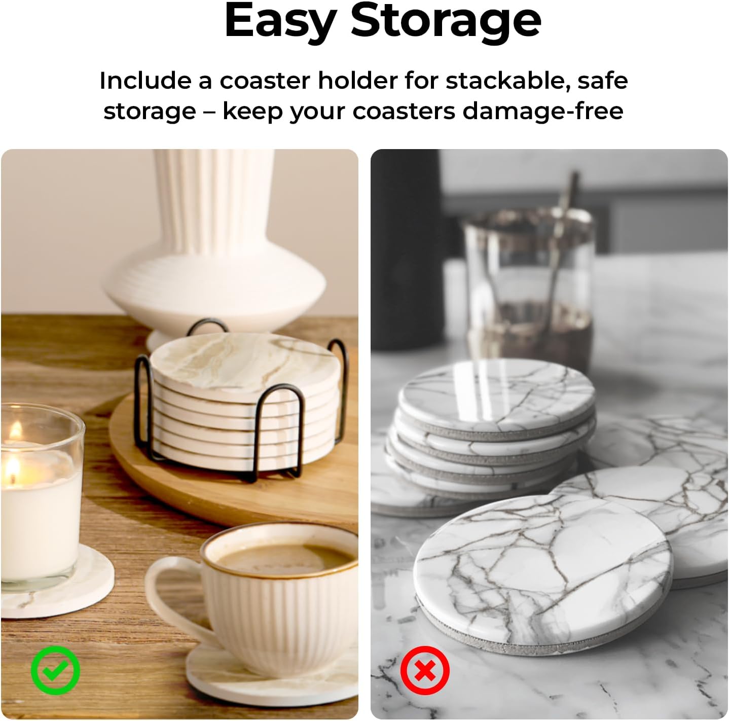 LlFVER Coasters Set of 8, Absorbent Drink Coaster with Holder, Marble Style Ceramic Stone Coasters for Drinks Coffee Tabletop Protection, Modern Furniture Coaster for Home Decor House Warming Gifts