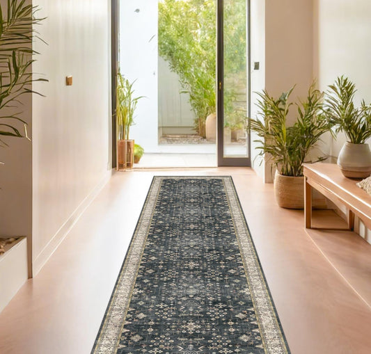 Black Washable 8ft Long Runners for Hallways, 2x8 Kitchen Runner Rug, Entryway Indoor Runner for Bathroom, Non Slip Boho Vintage Floor Décor for High Traffic Area