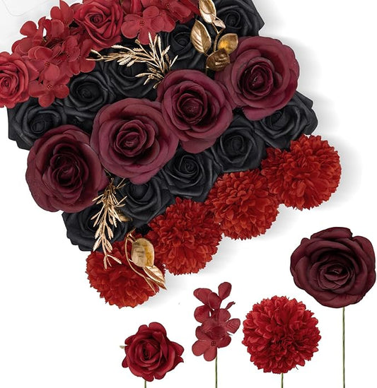 TINGE TIME Rose Artificial Flowers Combo, Gradient Color Faux Foam Roses with Stems for DIY Wedding Bridal Shower Party Table Centerpieces Fake Floral Arrangement Home Decor (Gothic Black & Red)