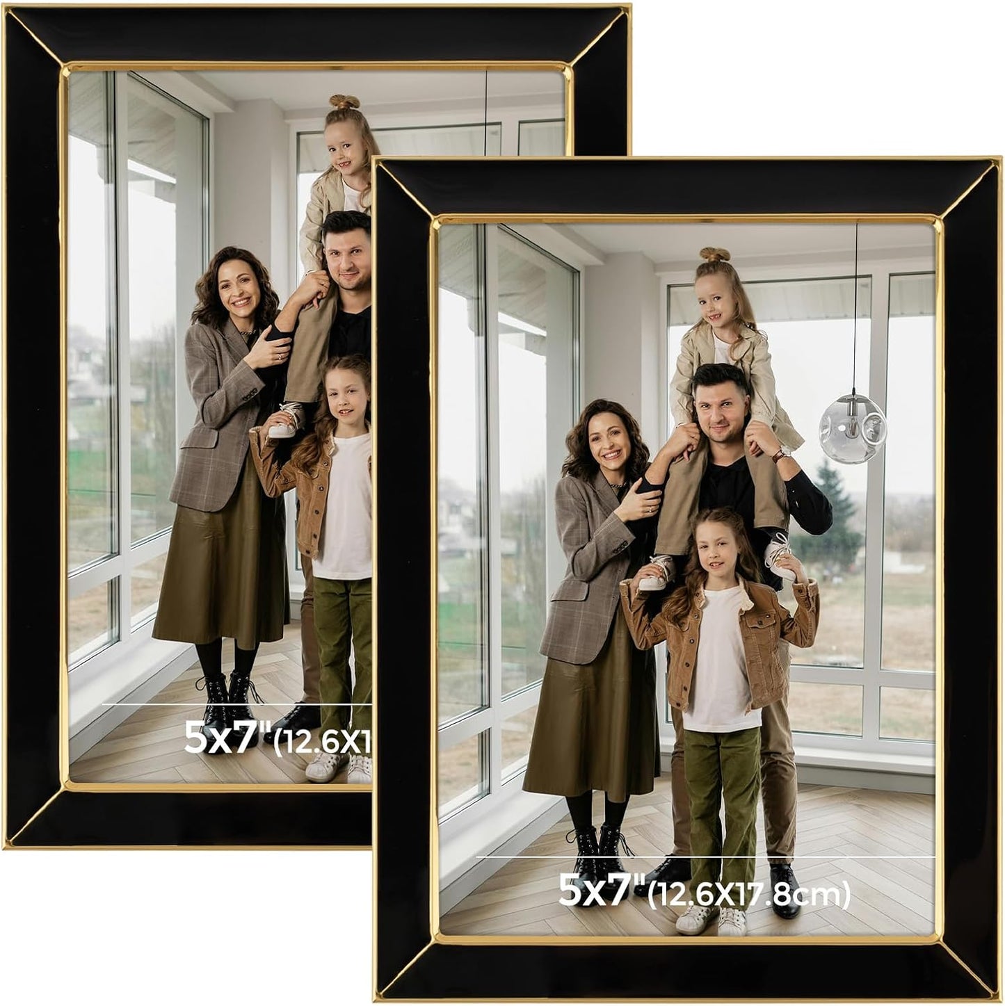 Frametory Enamel Picture Frame - 5x7 Gold Metal Edge Black Enamel Picture Frame With Easel and Velvet Back for Tabletop Display, Bookshelf, 5x7 Wall Decoration, Photo Frames-2 Set