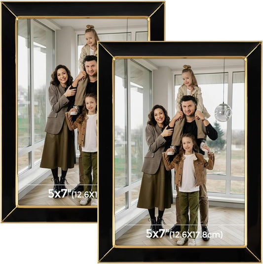 Frametory Enamel Picture Frame - 5x7 Gold Metal Edge Black Enamel Picture Frame With Easel and Velvet Back for Tabletop Display, Bookshelf, 5x7 Wall Decoration, Photo Frames-2 Set