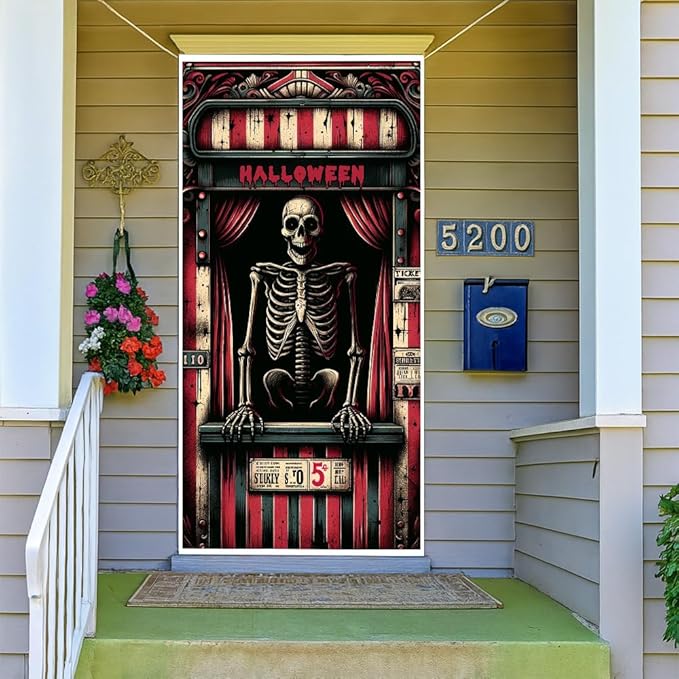 2D flat Skeleton Prison Halloween Door Banner Scary Horror Front Door Decorations for Halloween Party Indoor Outdoor Cover 71x35 Inch