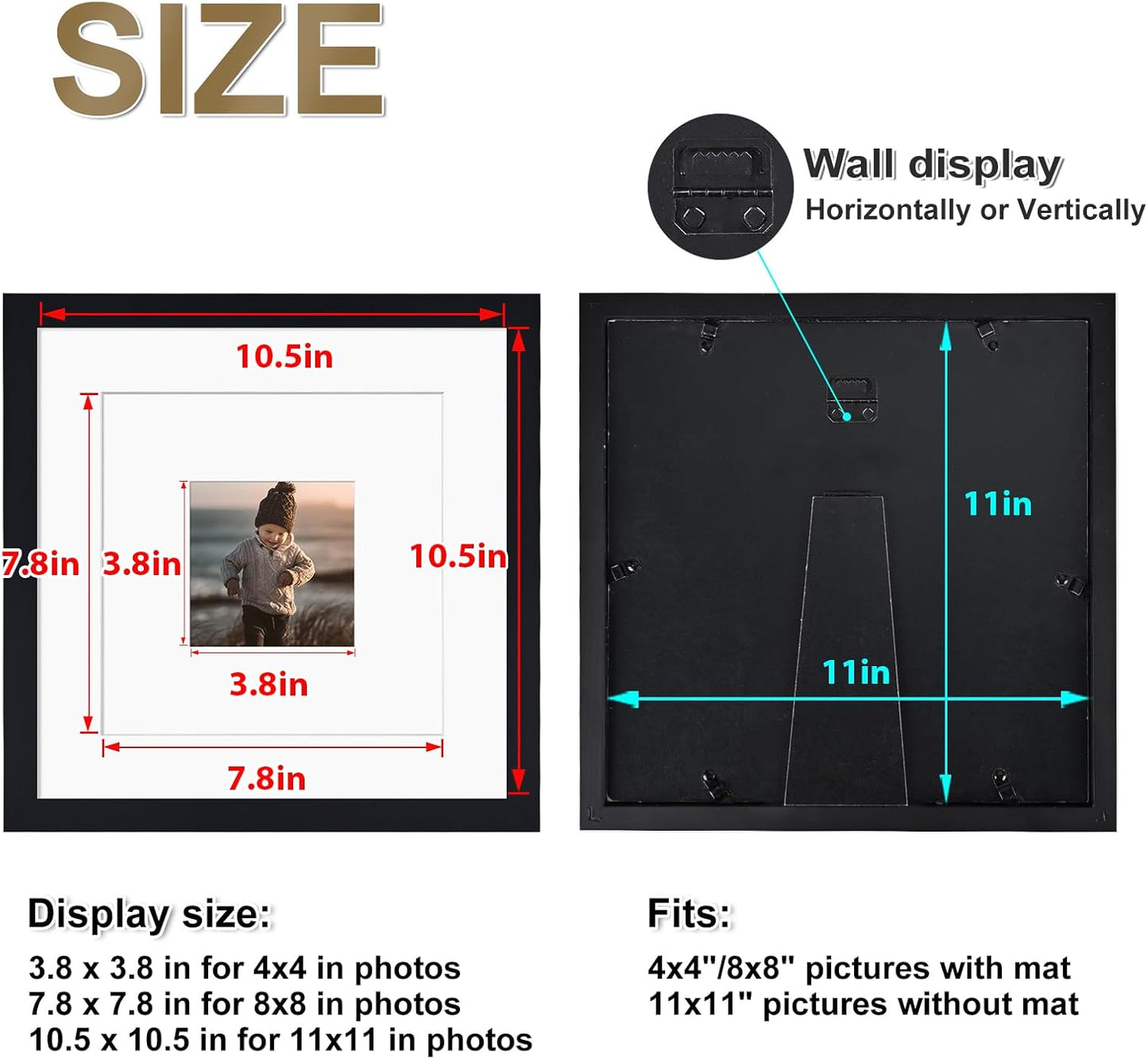 KINLINK 11x11 Picture Frame, Black Square Solid Wood Frames for Pictures 4x4 and 8x8 with Mat or 11x11 without Mat, Wall and Tabletop Display Photo Frames Black 4 Pack