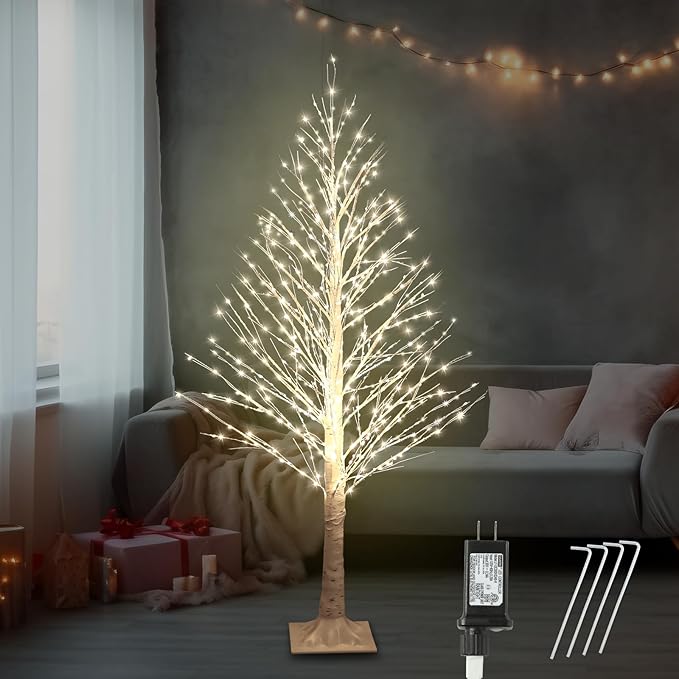 5FT Lighted Birch Tree with Twinkle Lights, 560 LED Warm White Lights with Timer, LED Lighted Christmas Tree for Indoor Outdoor Home Room Wedding Party Christmas Decorations