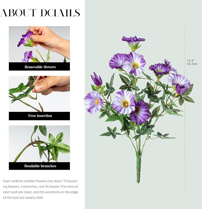 UV Resistant Artificial Petunias 13.3In Fake Flowers 4PCS Artificial Flowers for Outdoors Silk Flowers Fake Hanging Basket Plants Suitable for Outdoor Porch Decor Patio Decor, Light Purple