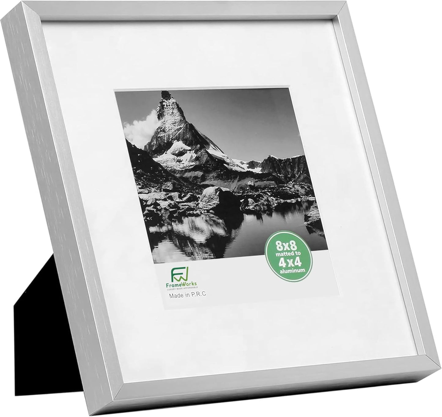 FrameWorks 8x8 Matted to 4x4 Picture Frame – Aluminum Frame w/Tempered Glass, Removable Mat for Photos, Posters, Art, Stylish Wall Frame for Home Decor, Gallery Walls, Office, Living Room - Silver