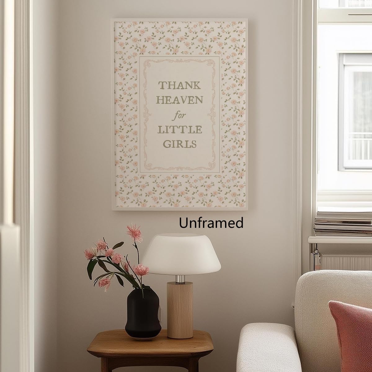 Girl Nursery Canvas Wall Art, Thank Heaven for Little Girls Quotes Poster, Farmhouse Floral Pattern Pastel Pink Wall Print, Flowers Green Botanical Picture for Kids Bedroom 24x36in Unframed