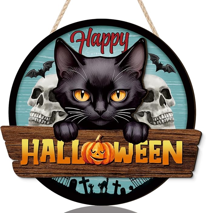 3D Happy Halloween Sign,Halloween Black Cat Door Decor,Black Cats Wall Decor,Skeleton Wall Sign,Tombstone Skull Door Hanger,Ghost Bat Pumpkin Wood Decor for Home Yard Porch Office Party Outdoor