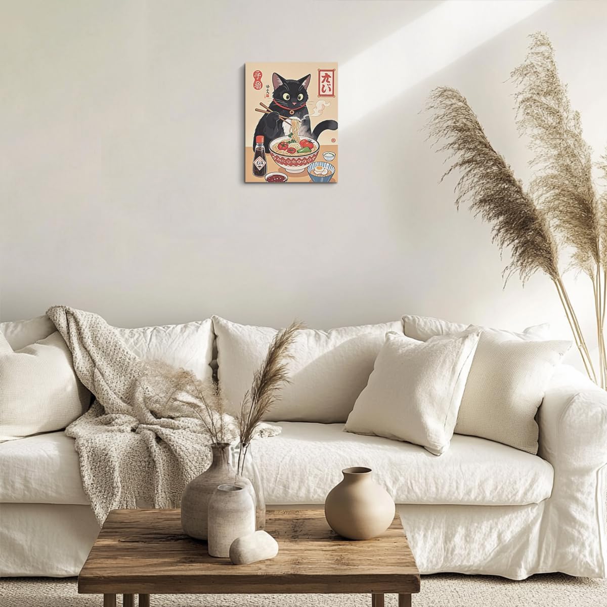 HZMLYDJ Cute Japanese Cat Canvas Wall Art, Quirky Cats Eating Ramen Posters Trendy paintings Wall Art Decor, Aesthetic Canvas Decoration Artwork for Walls Home Living Room Kitchen Dining Room Decor
