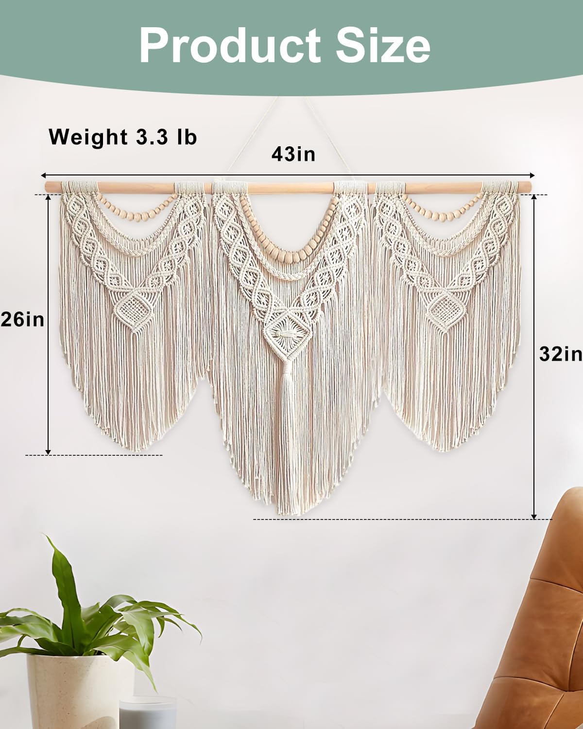 Gliterra Large Macrame Wall Hanging Handmade Boho Tapestry 43"x32" - Wall Art Decor for Living Room, Bedroom, Wedding (Beige)