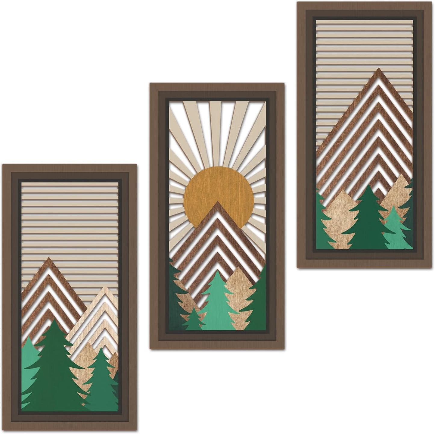 IARTTOP 3 Pcs Boho Mountain Wooden Wall Art Minimalist Geometric Artwork Pine Tree Sunrise Wood Wall Decor Bohemian Forest Hanging Decor for Living Room Bedroom Office 7.9 x15.8 Inch