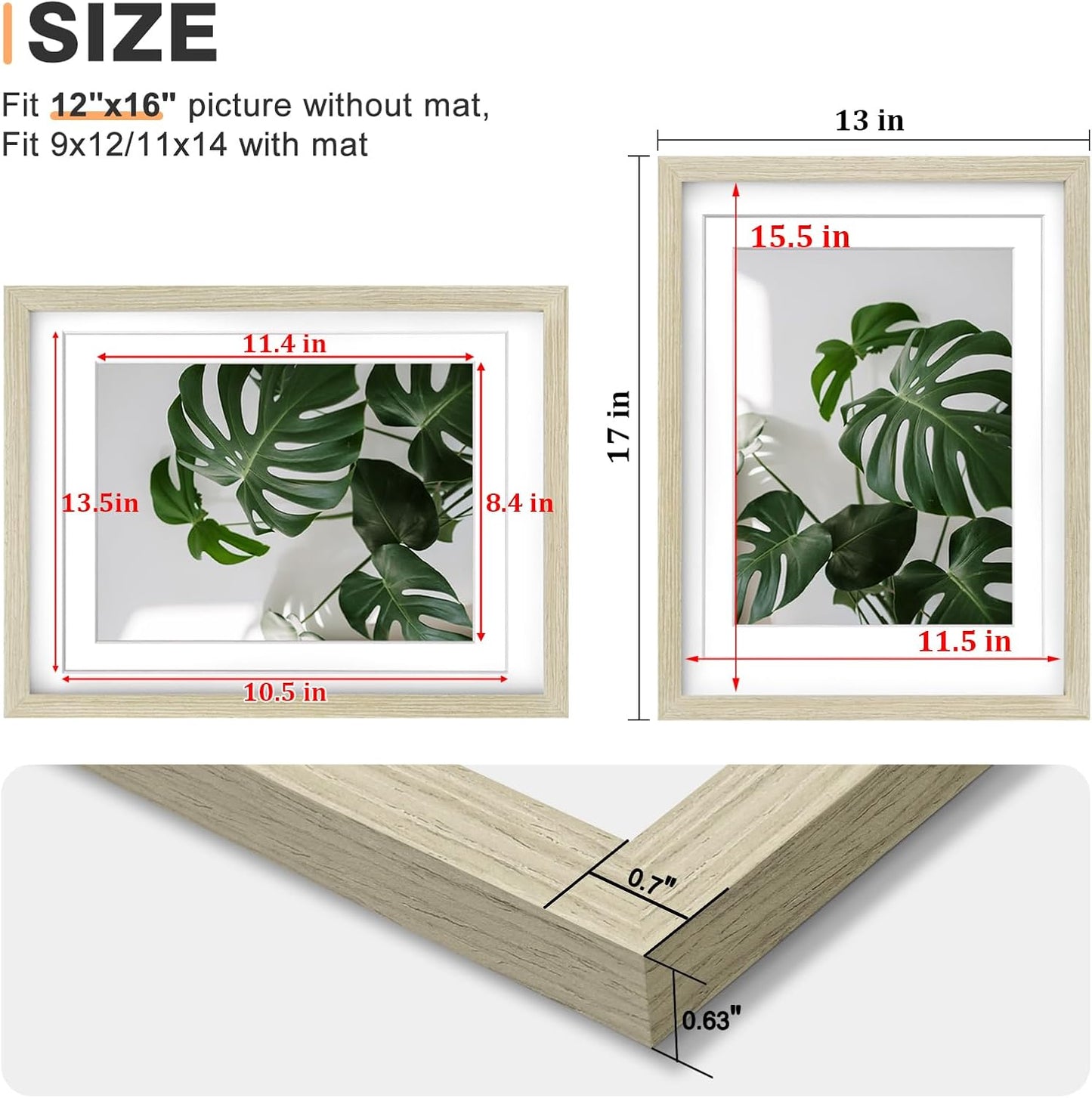 Egofine 12x16 Picture Frames Set of 4, Made of Solid Wood Covered by Plexiglass 9x12 and 11x14 with Mat or 12x16 without Mat, for Wall Mounting Photo Frame Distressed Wood Grain