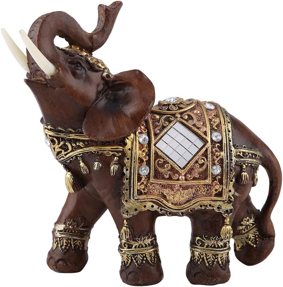 Feng Shui Wood Grain Elegant Elephant Statue 5.5 (H) with Trunk Facing Upwards Collectible Figurine Sculpture Decoration Statue Wealth Lucky Figurine Home Office Decor Gift, Wooden L