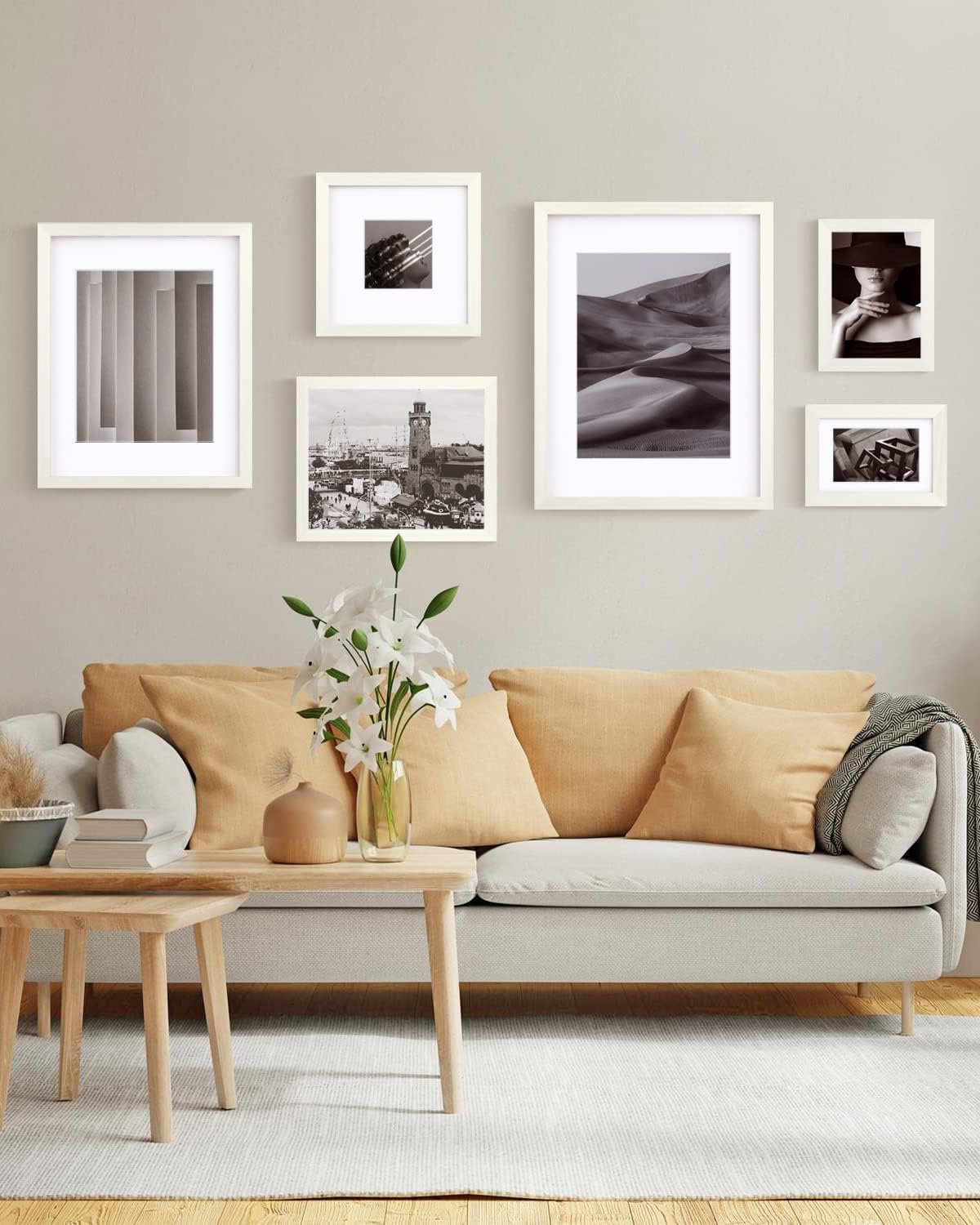 Egofine 8x10 Picture Frames Set of 4, Made of Solid Wood Covered by Plexiglass 4x6 and 5x7 with Mat or 8x10 without Mat, for Table Top Display and Wall Mounting Photo Frame Beige