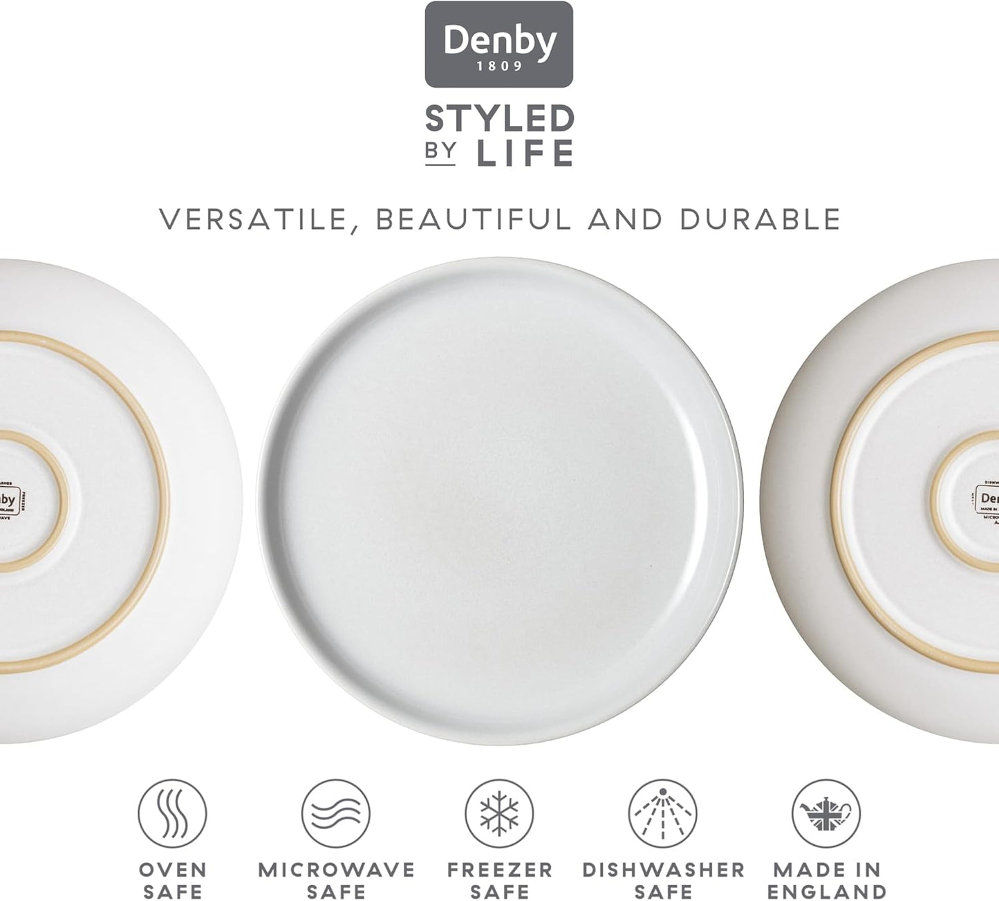 Denby - Elements Stone White Coupe Dinner Plates Set of 6 - Dishwasher Microwave Oven Safe - Scratch Chip Resistant - Large Ceramic Stoneware Dinnerware Plates Set