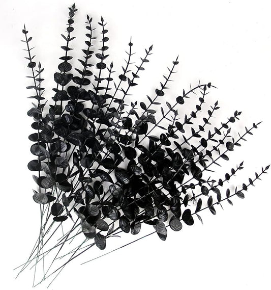 Tinsow 26 Pcs Black Artificial Eucalyptus Stems Faux Halloween Flowers Eucalyptuses Real Touch Leaf Centerpiece Home Decor (26, Black)