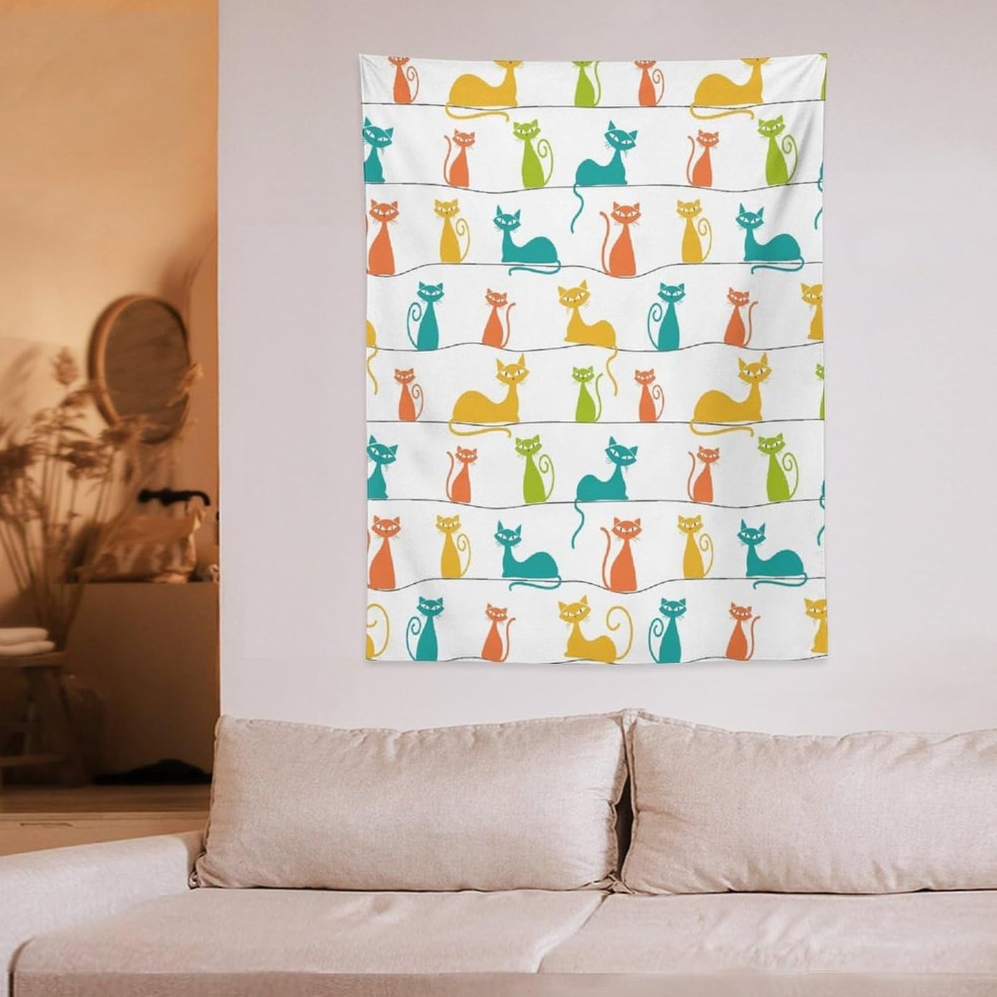 ICMOLYYENLO Boho Medieval Cat Tapestry, Abstract Atomic Starburst Geometric Aesthetic Art Wall Hanging For Bedroom Living Room Dormitory 60x60 Inches