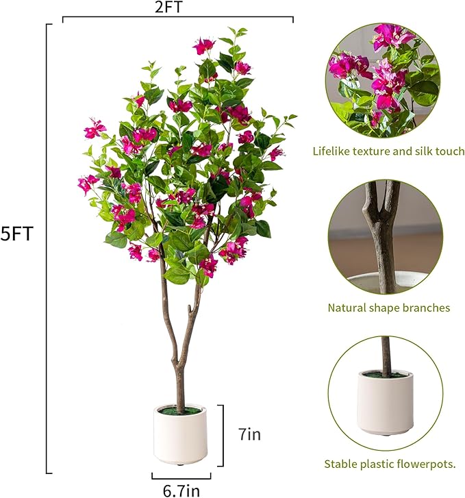 5FT Artificial Bougainvillea Tree Artificial Tree Tall Potted Fake Bougainvillea Trees for Outdoor Indoor Lifelike Potted Faux Plants with Wood Trunk and Flowers Office Wedding Home Decor