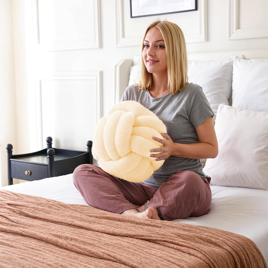 Knot Pillow Ball Plush - Decorative Throw Pillows for Bed Stress Relief, Round Knot Cushion for Sofa Decor Pet Toy, Cream 12 inch