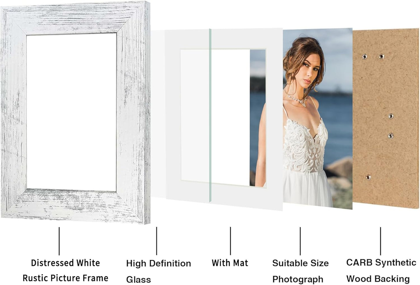 iRahmen 5x7 Picture Frame Set of 2, Distressed White Wood with Glass Photo Frame - Display Pictures 4x6 with Mat or 5 x 7 without Mat for Horizontal or Vertical Table top and Wall Mounting