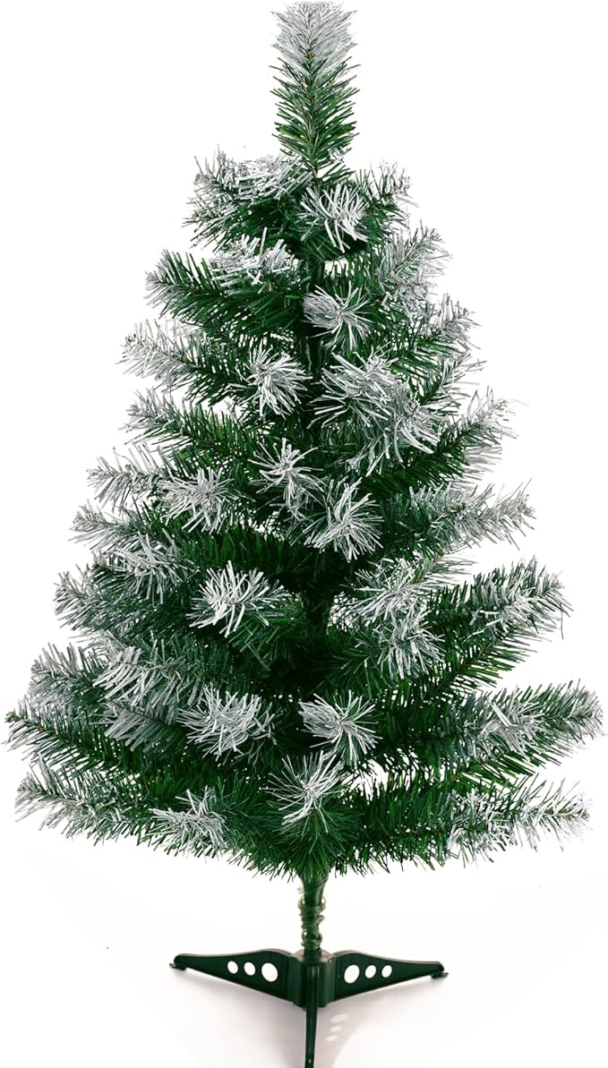 2Ft Artificial Christmas Tree Green Tabletop Christmas Tree with Flocking Snow Frost Tips Plastic Stand Mini Xmas Pine Tree for Party Supplies Indoor Outdoor Holiday Home Decoration