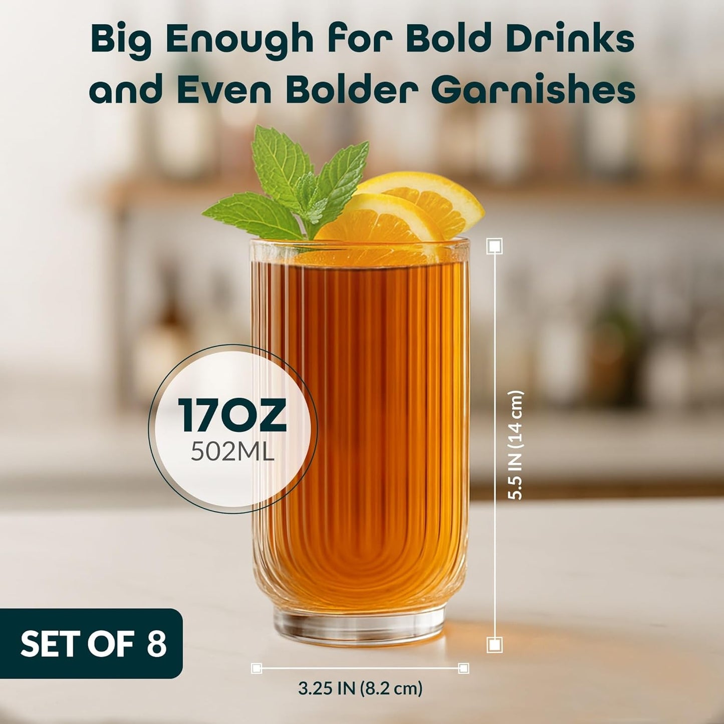 Glaver's Drinking Glasses Set of 8. 17oz Vintage Drinking Cups. Ripple Cocktail Glasses, Ribbed Drinking Highball Glass Cups. Arch Designed Art Deco Glassware for Water Juice Coffee. Package may Vary