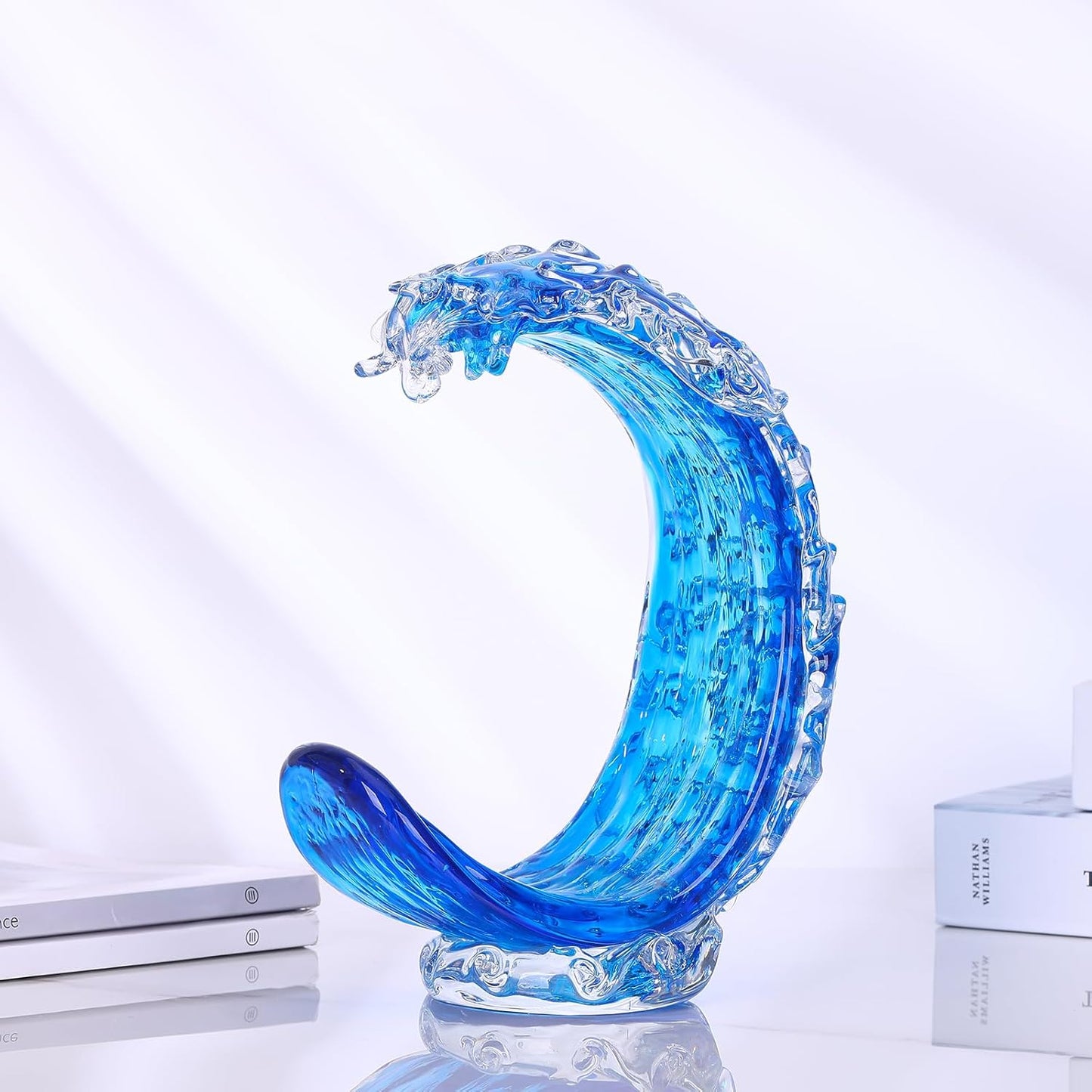LCCCK Blue Glass Beach House Decor, Hand Blown Ocean Wave Decorate, Tall Blue Glass Sculpture Home Decor, Ocean Wave Fused Art Figurines, for Sea Art Beach Coastal Nautical Office Surfers Gifts