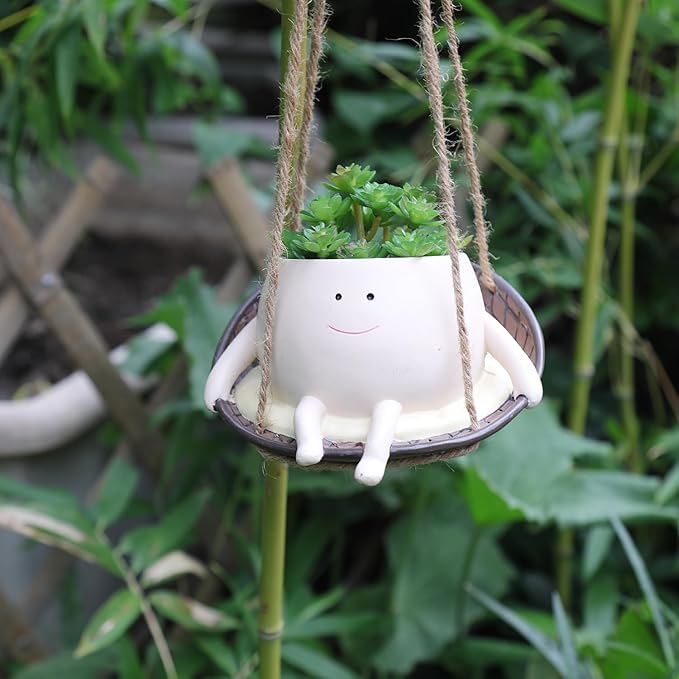 bestbear Hanging Swing Chair Planter Pot Resin Smiley Face Planter for Indoor Outdoor Plant Cute Head Flower Pots for String of Pearls Plant Live Unique IdeaI for Mother Day, Christmas (Small)