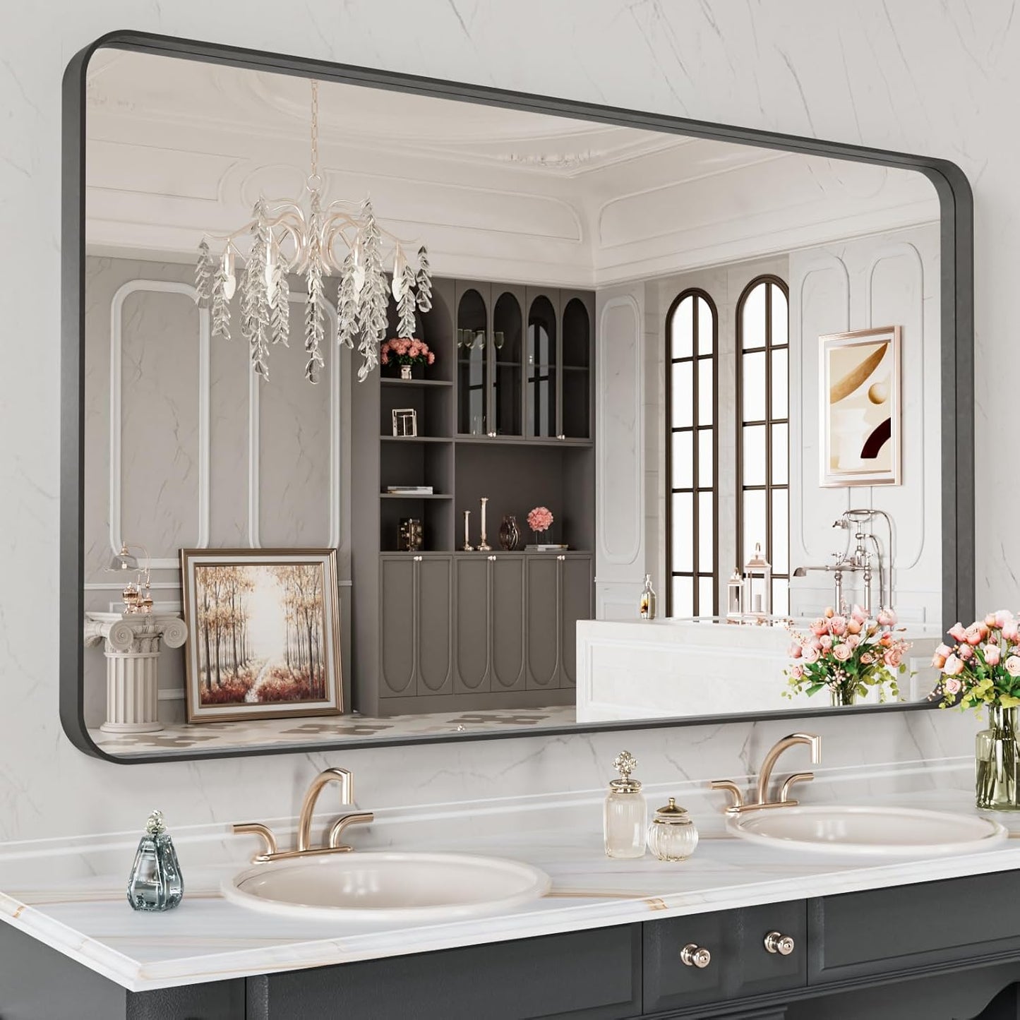 LOAAO 48X28 Inch Black Metal Framed Bathroom Mirror for Wall, Matte Black Bathroom Vanity Mirror Farmhouse, Anti-Rust, Tempered Glass, Hangs Horizontally or Vertically