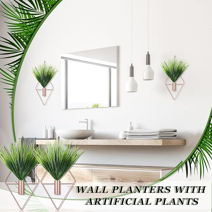 2 Pieces Wall Decor Hanging Planters with Artificial Plants Metal Hanging Vase Indoor Plants Holder Modern Boho Wall Art for Bathroom Bedroom Living Room Decor (Rose Gold,Aquatic Plant)
