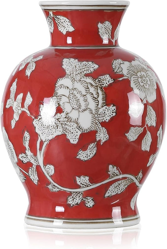 Vintage Chinoiserie Floral Ceramic Vase, Large Rustic Pottery Vases for Living Room, Entryway, Dining Table Centerpiece, Farmhouse Home Décor, Floor or Tabletop Flower Vase, (Red)